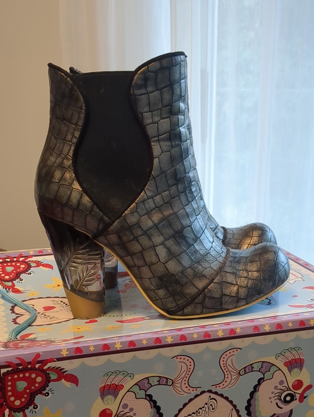 Irregular Choice Metallic Gray Croc-Embossed Ankle Booties with Sculpted Heel